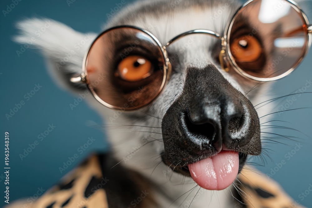 Obraz premium Lemur wearing sunglasses poses for a close-up shot in a studio