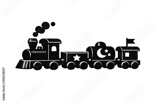 Train moves along a track with steam coming out and leading cars that show stars and a moon under a clear sky