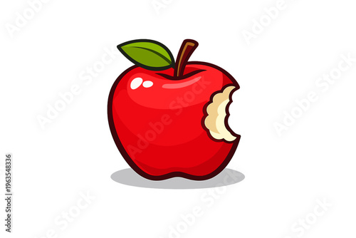 Red apple with a bite taken out showing exposed flesh and green leaf on top in a simple design on a white background
