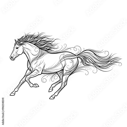A wild black stallion mustang runs through nature in this elegant horse vector illustration featuring a sleek silhouette design of a powerful equine mammal with a flowing mane and tail