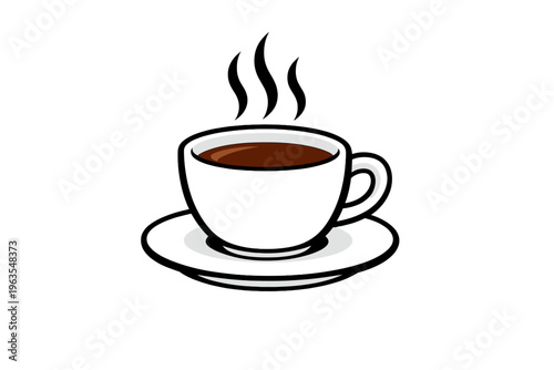 Hot coffee in a white cup on a saucer with steam rising above early in the morning
