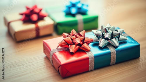 Festive Christmas gifts wrapped in shiny paper with glittering bows, beautifully arranged on a wooden surface.