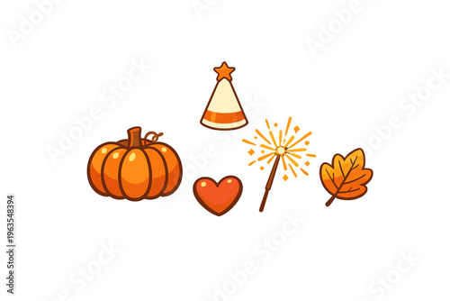Holiday symbols including pumpkin, leaf, heart, party hat, and sparkler in bright colors representing seasonal joy and celebration