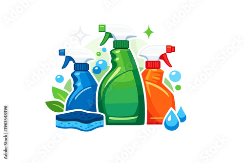 Bottles of cleaning products and a sponge on a white background during a home cleaning task