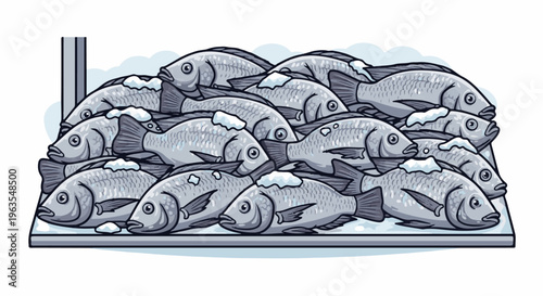 Pile of fresh fish with small snow patches on a gray tray