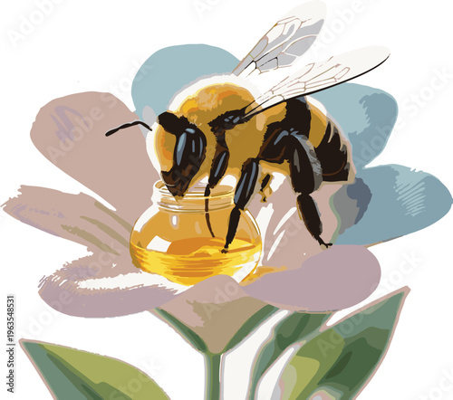 Cute bee collecting honey from flower, pastel colors