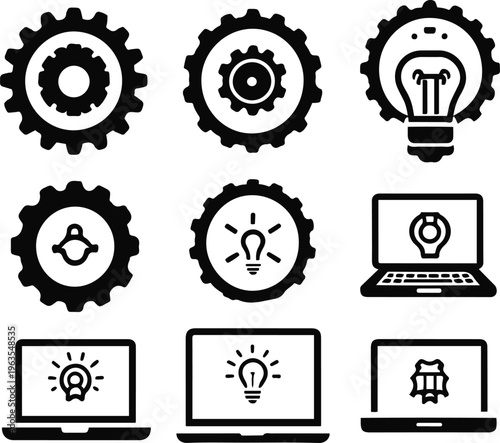 startup tech icons, 9 icons, business innovation styles, mixed clean vector 3