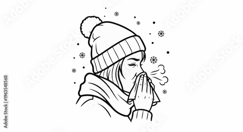 Person in winter clothing blows nose in tissue with snowflakes falling around