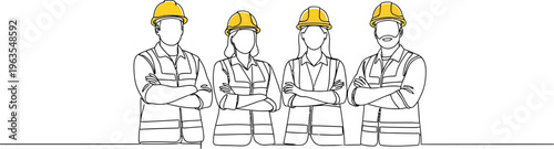 Continuous line drawing of diverse construction workers wearing hard hats and safety vests.
