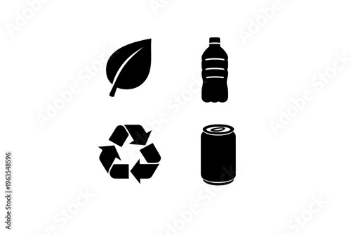 Waste management symbols represent recycling, plastic, and environment for education and awareness