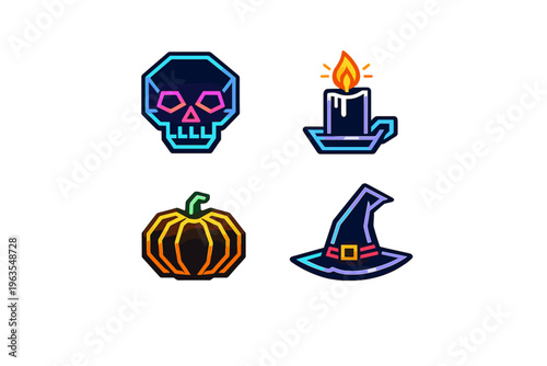 Halloween symbols including a skull, candle, pumpkin, and witch hat displayed on a plain background for seasonal use