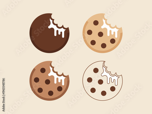 Bitten cookies chocolate chip and plain with white icing beige background
