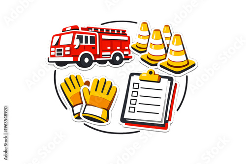 Fire safety tools and equipment used in emergency response and fire prevention measures during a city safety drill