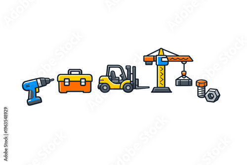 Construction tools and equipment used on building sites in everyday work settings