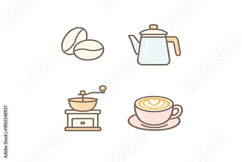 Coffee preparation process shows coffee beans, a kettle, a grinder, and a latte cup with foam art in a simple design format