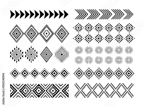 Black Geometric Tribal Patterns and Borders White Background