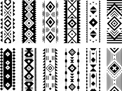 Collection of black and white geometric tribal patterns and borders with diamond and triangle motifs