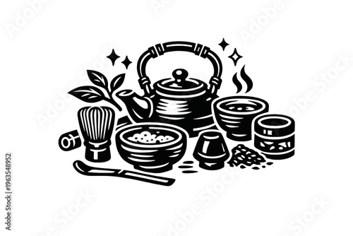 Tea ceremony tools and ingredients are arranged on a flat surface with a tea kettle, cups, and utensils for a traditional brewing experience