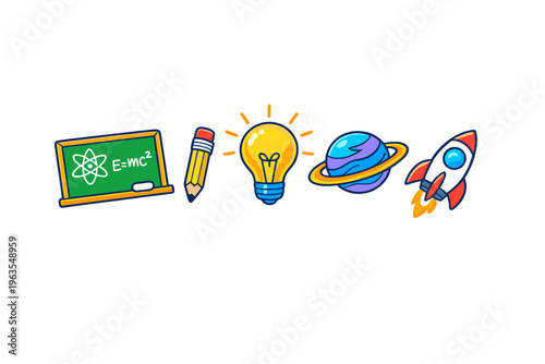 Icons of science and creativity show learning about physics and space for students and young minds interested in exploration and discovery