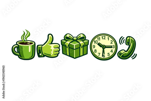 Green symbols of coffee, thumbs up, gift, clock, and phone for communication and celebration moments