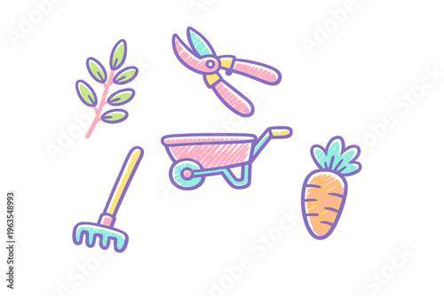 Gardening tools and vegetables featured in a simple design on a white background
