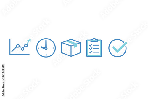 Icons representing business concepts such as growth, time management, delivery, task tracking, and completion