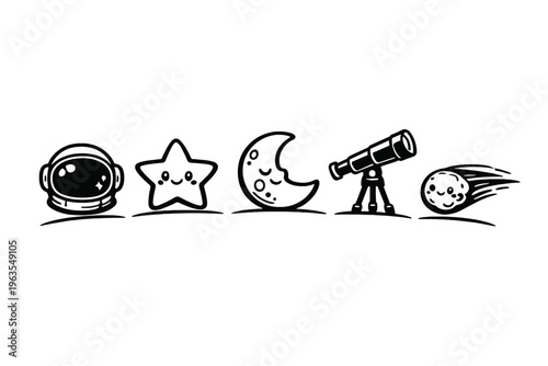 Fun space objects with an astronaut, star, moon, telescope, and comet in a simple design