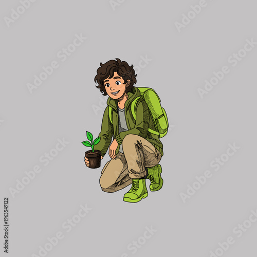 Young man squatting to plant a seedling in the garden. Concept of environmental care, reforestation, and sustainable gardening. Modern flat vector illustration for ecology and nature theme.