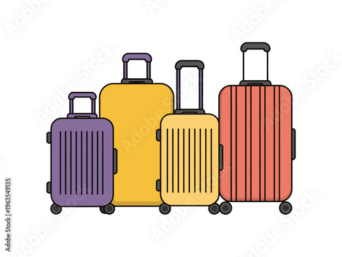 Colorful wheeled suitcases in varying sizes arranged a white background luggage travel