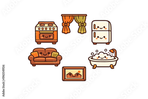 Cute cartoon home items arranged in a circle with faces and bright colors in a fun interior setting