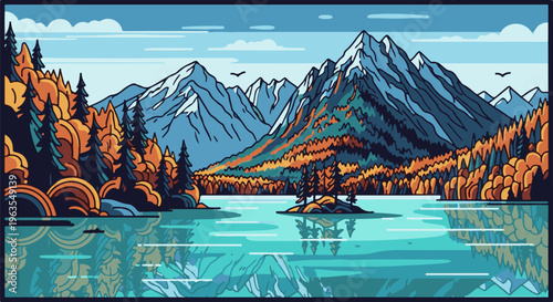 Pixel art mountains reflected in a tranquil lake during autumn