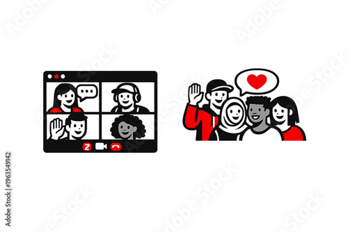 People connect through video call and share smiles in a group setting during a virtual meeting in a modern space