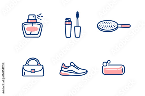 Collection of personal care items, including perfume, cosmetics, hairbrush, handbag, sneakers, and soap