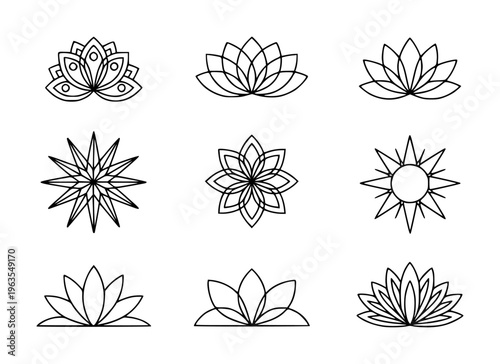 Collection of Stylized Lotus Flower and Starburst Line White Background symbol