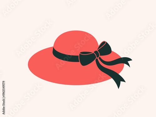 Coral wide brim hat with dark green ribbon and bow light cream background