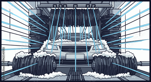 Pixel art of a car undergoing a thorough wash in an automated facility