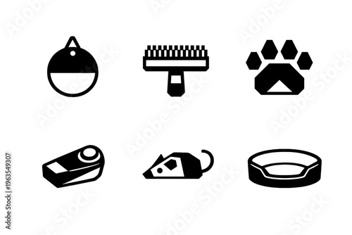 Tools and symbols related to pet care and grooming found in a pet supplies store in the afternoon