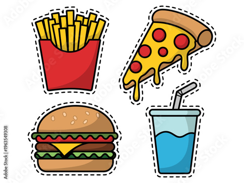 Flat of fast food including pizza burger fries and drink