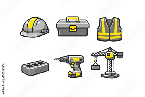 Construction tools and equipment displayed on a plain background showcasing items needed for building projects at various job sites