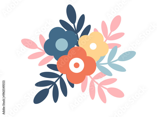 Flat floral bouquet with coral blue yellow flowers and leaves
