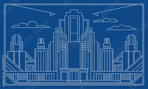 Art deco city skyline illustration in framed line art style for vintage poster design, retro architectural branding, and urban themed print projects