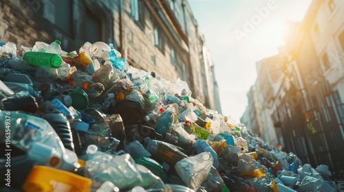 Overflowing Plastic Bottles and Mixed Waste Pile on Urban Street During Bright Daylight