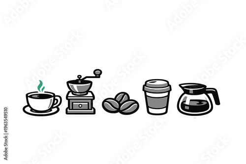 Coffee making process with grinder, beans, cup, and coffee pot at kitchen counter in morning time