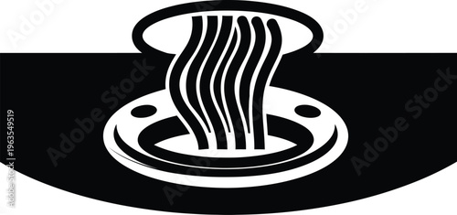 Black and white illustration of a drain with flowing water