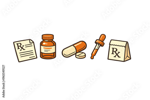 Prescription items showing different types of medications and a prescription note in simple still life arrangement