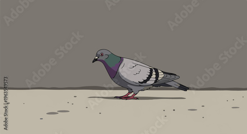 Pixel art pigeon with grey body and iridescent neck, standing on pavement