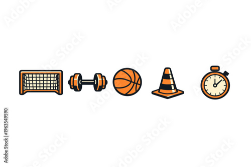 Icons representing different sports and fitness activities, including soccer, basketball, weightlifting, and timing equipment