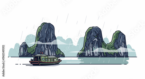 Pixel art scene of a boat in misty, rainy weather among limestone karsts