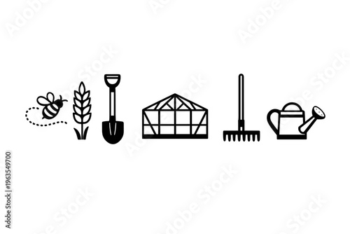 Nature elements show gardening tools and activities like planting, watering, and caring for plants with a bee nearby in a simple layout