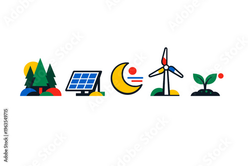Icons representing renewable energy sources and nature in a modern flat design style